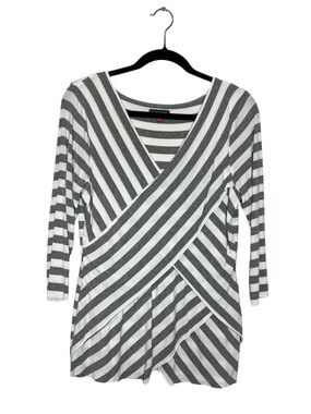 Vince Camuto Striped Cross Front Gray and White Raw Hem V Neck Top size Medium